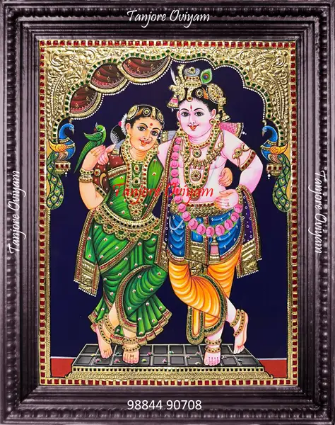 Radha Krishna couple Tanjore painting standing pose gold foil traditional couple artwork